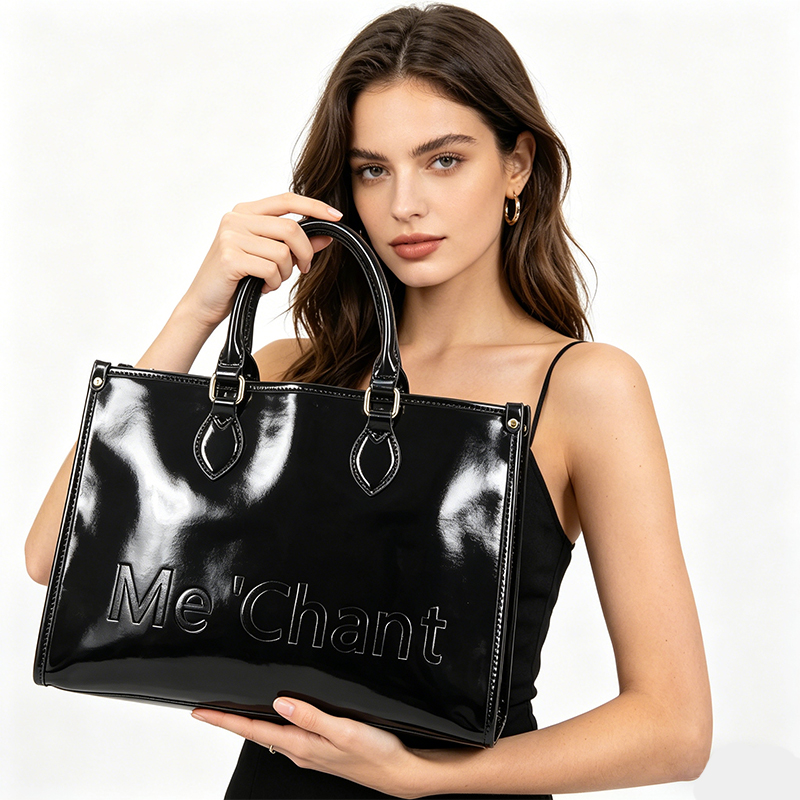 Top Handle Patent Bag - Women Black Glossy Patent PU Leather